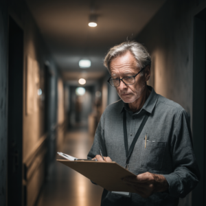 Concerned skilled nursing facility administrator reviewing documents related to PDPM Medicaid transition, medical records, and billing codes