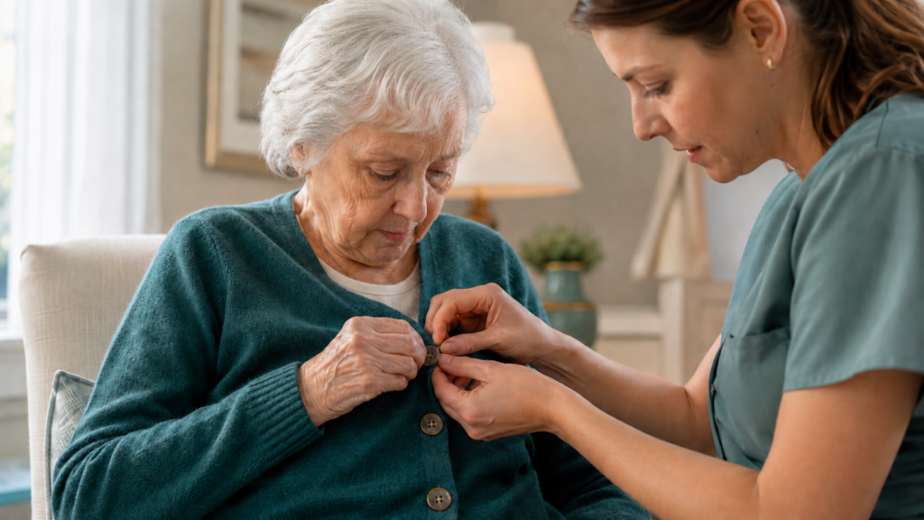 Therapist helping a resident with dementia fasten a sweater button